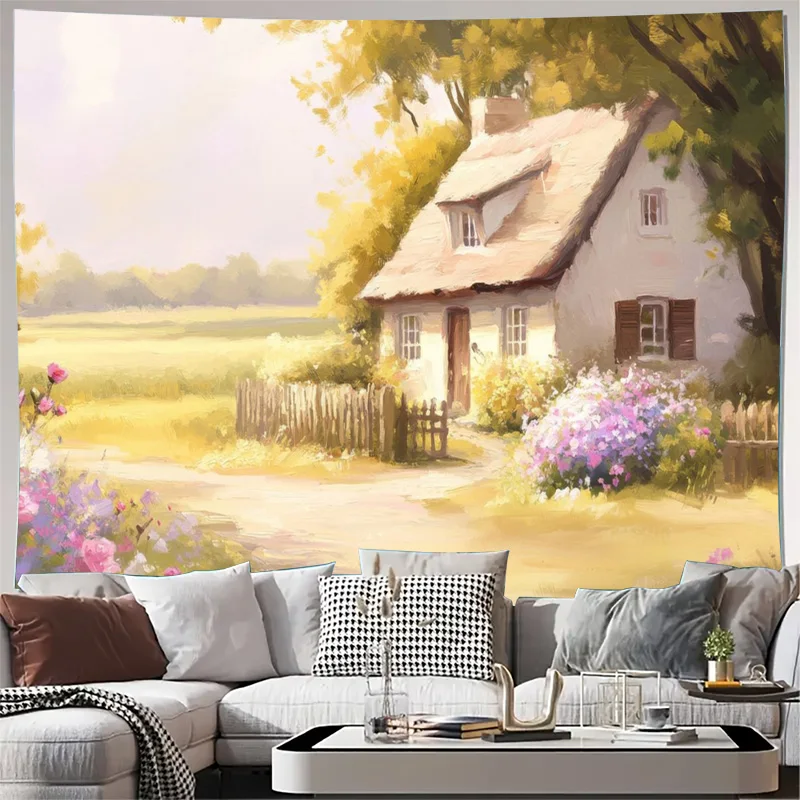 Vintage Cottagecore Farmhouse Wall Tapestry Art Print Scenic English Village Meadow Decoration Boho Home Decor Tapestry Hanging