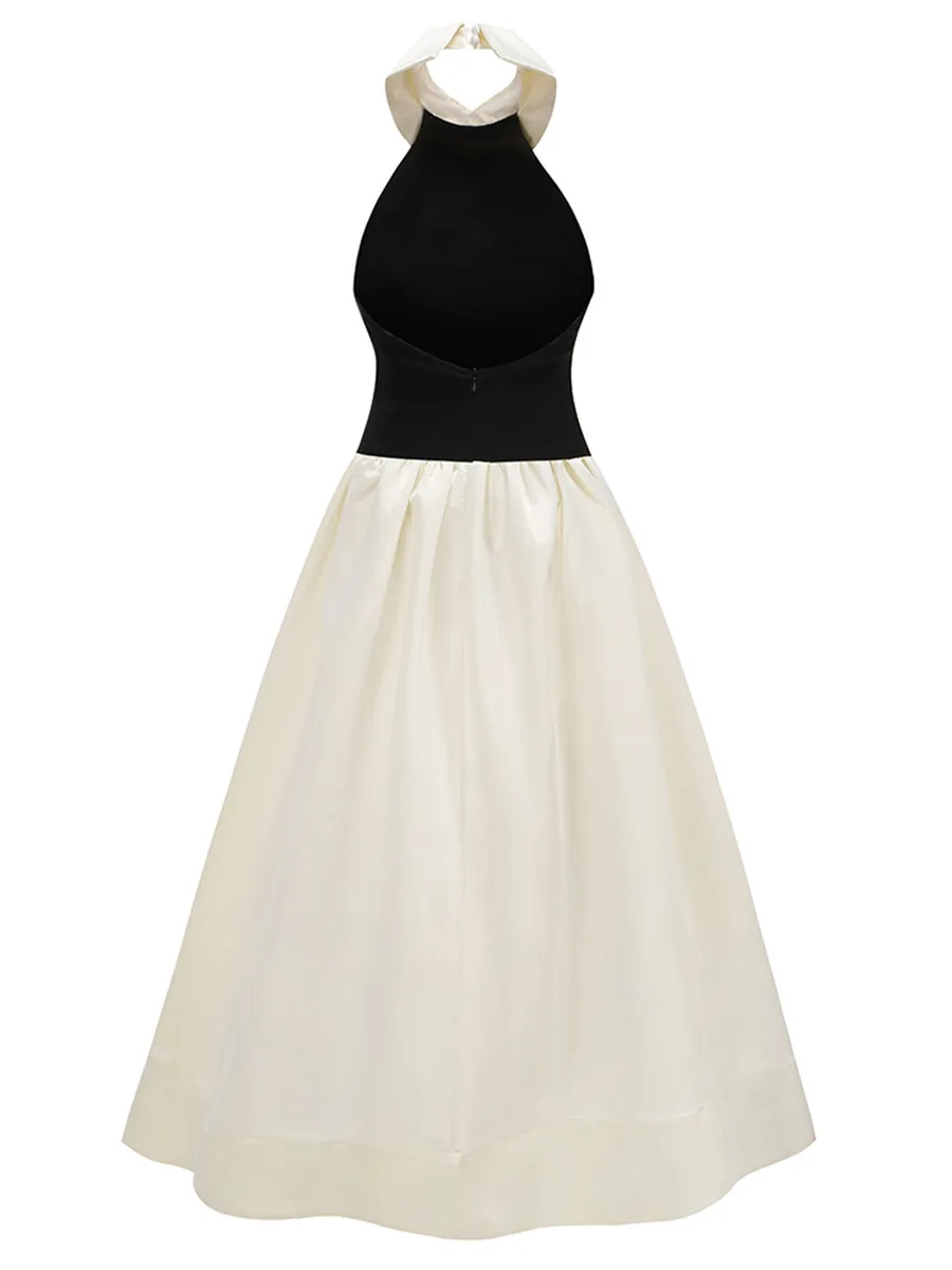 Vestido de passarela 2025 nova chegada moda elegante retalhos contraste cor halter cintura alta sexy sem costas magro saia longa para mulher