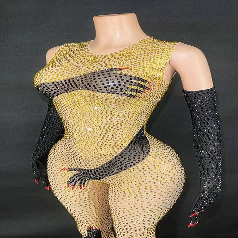 

Black Hands Jumpsuit Luxury Women Gift Sexy Show Carnival Cosplay Female Bodysuit with Gloves Beyonce Dress Stage Wear