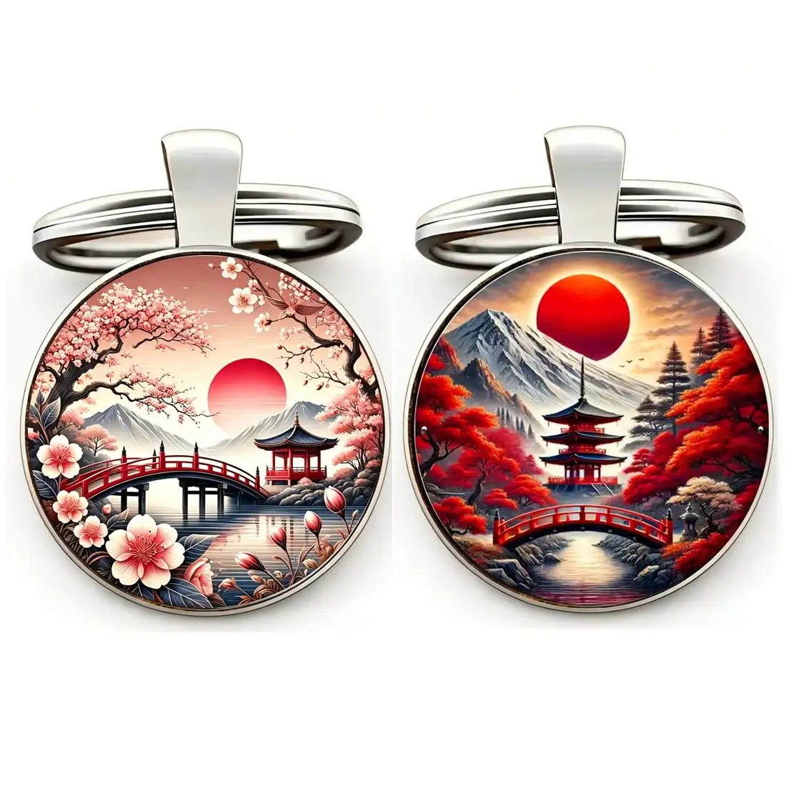 1PC Japanese Natural Landscape Keychain, Cherry Blossom Red Bridge Sun Key Chain Mount Fuji with Red Torii Gates Japan Souvenir