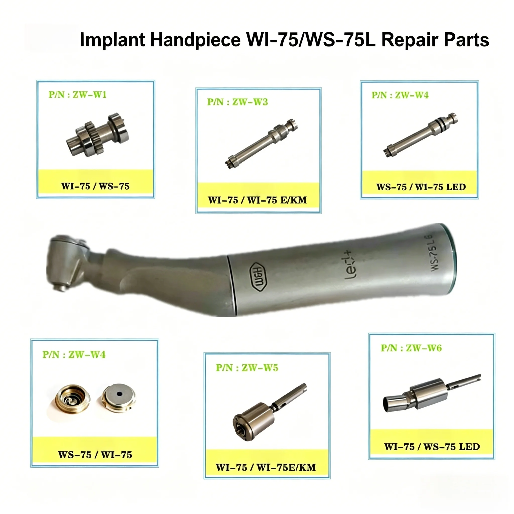Dental Implant Handpiece Repair Parts for W*H W*-75 W*-75L Gear Bearings Cartridges Drive Shaft Back Cap Replacement Spare Parts