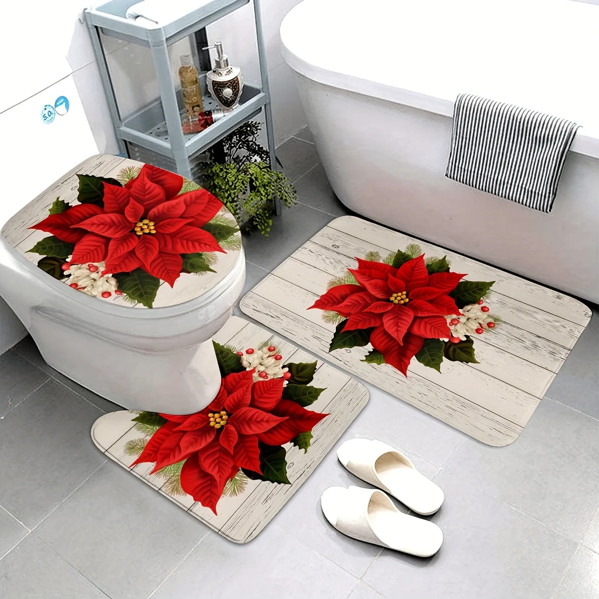 

Декор для ванной комнаты с рождественским принтом пуансеттии, 3 шт., полиэфирная ткань, можно стирать в машине, U-образный коврик, нескользящий коврик, чехол на сиденье унитаза