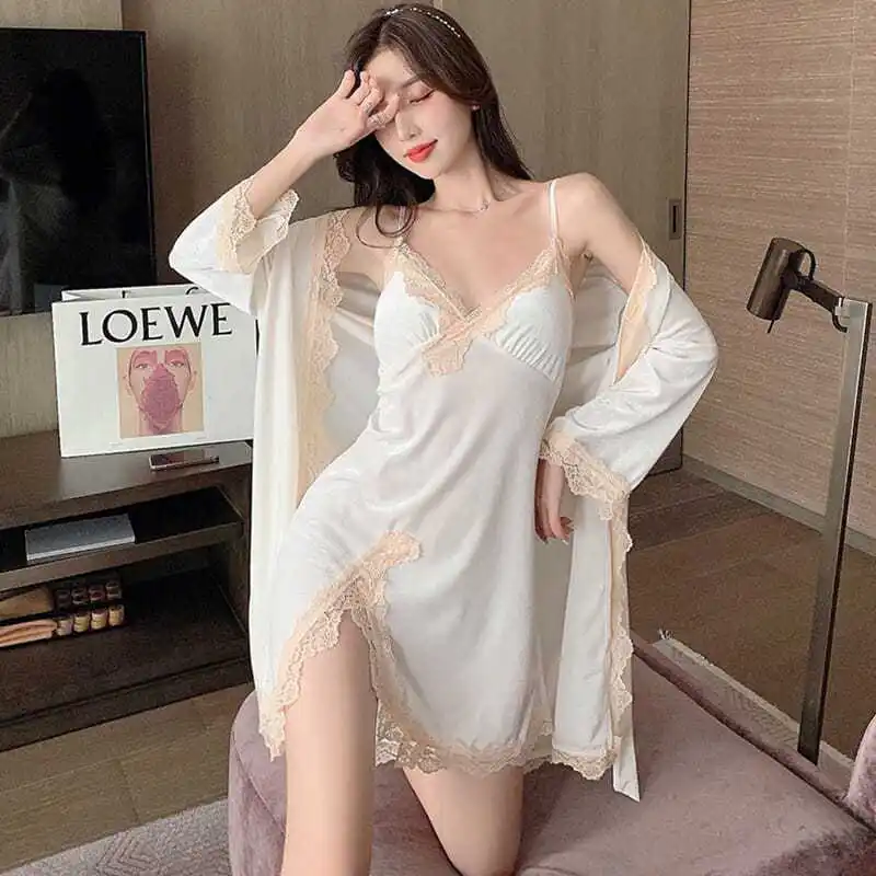 แบรนด์หรูชุดนอนเซ็กซี่ผู้หญิง 2 ชิ้นชุด Nightdresses Nightgown ลูกไม้ Loungewear กํามะหยี่ชุดนอนชุด Robe ชุดราตรี