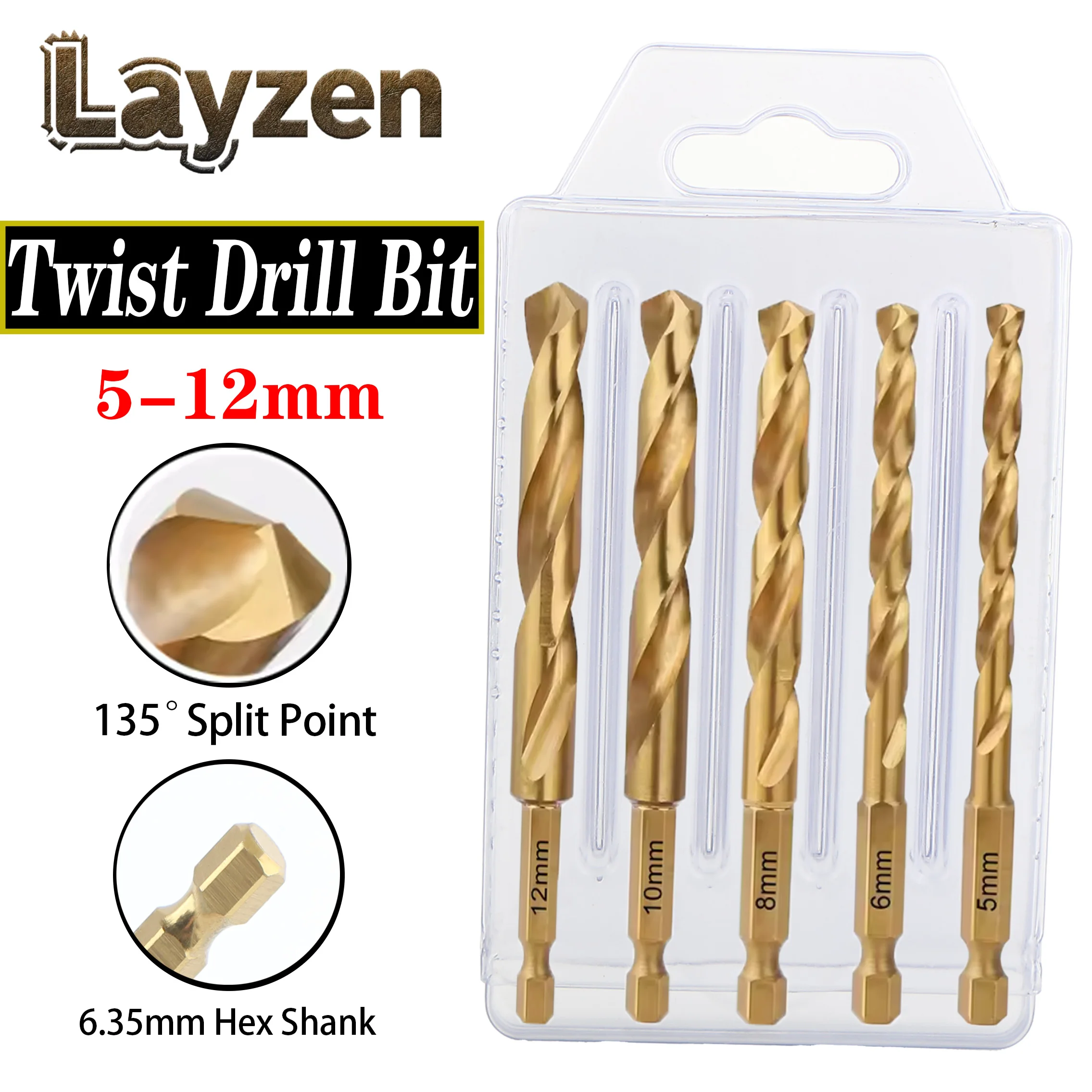 

5PCS/Set 5/6/8/10/12mm HSS M2 Metric Titanium Coated Straight Shank Twist Drill Bit 100mm With 6.35mm Hex Shank For Wood Metal