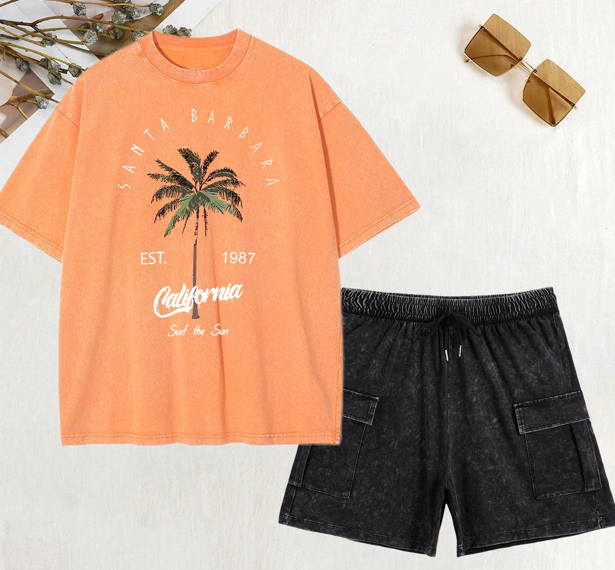 California Coconut Palm-Conjunto de camiseta lavada con estampado creativo para mujer, pantalones deportivos de Hip Hop, ropa suave de verano, Camiseta holgada de algodón
