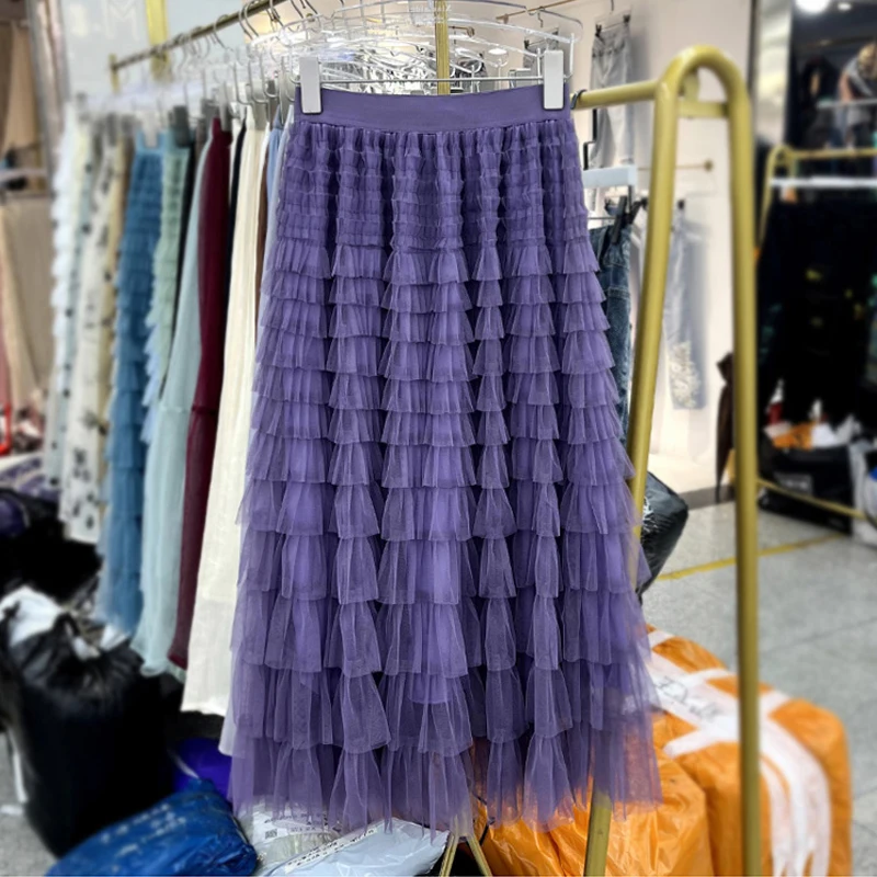 

Black White Long Skirts For Womens Fashion 2023 Summer High Quality Green Dark Brown And Blue Mesh Tulle Cake Midi Skirt Female