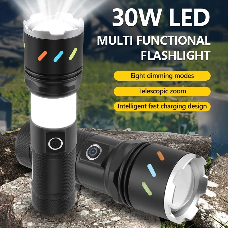 

High Power Camping Torch Led Flashlights Tactical Emergency White Laser LED Zoom Spotlights Built-in Battery USB Rechargeable