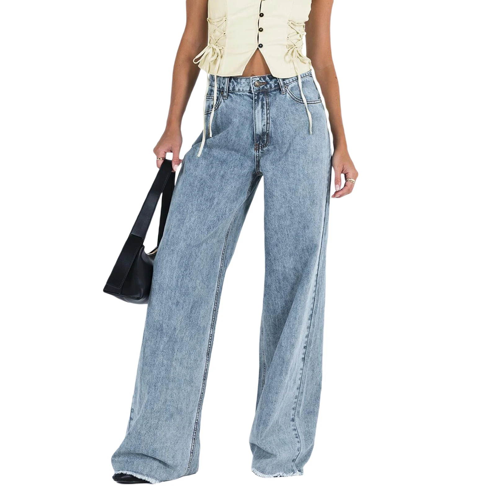 

Women Wide Leg Jeans Trousers Solid Color Elastic Casual Loose Pants for Work Office Streetwear