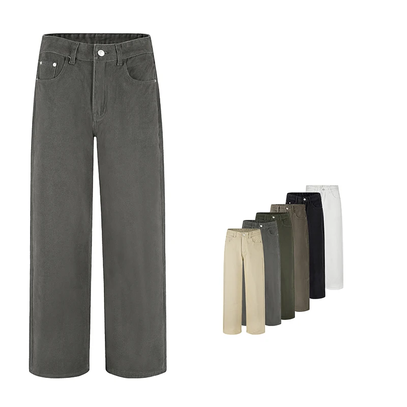 

Мешковатые широкие джинсы, мужские корейские модные уличные брюки из 100% чистого хлопка, саржа, классические повседневные джинсовые брюки, свободные однотонные брюки