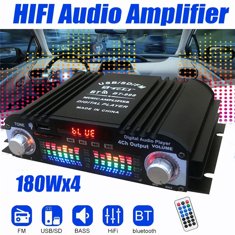 BT-998 Hifi Audio Home Digital Amplifiers Car Audio Bass Power Bluetooth Amplifier FM USB SD Radio for Subwoofer Speakers DC12V