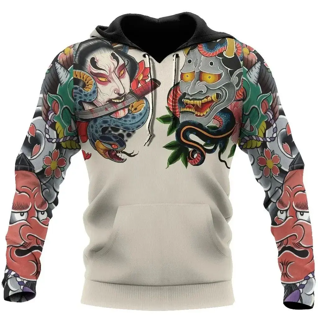 Retro Men's Hoodie with Japanese Samurai Tattoo Pattern, 3D Printed Autumn Street Hip-hop Men's Hoodie, Y2K Pullover