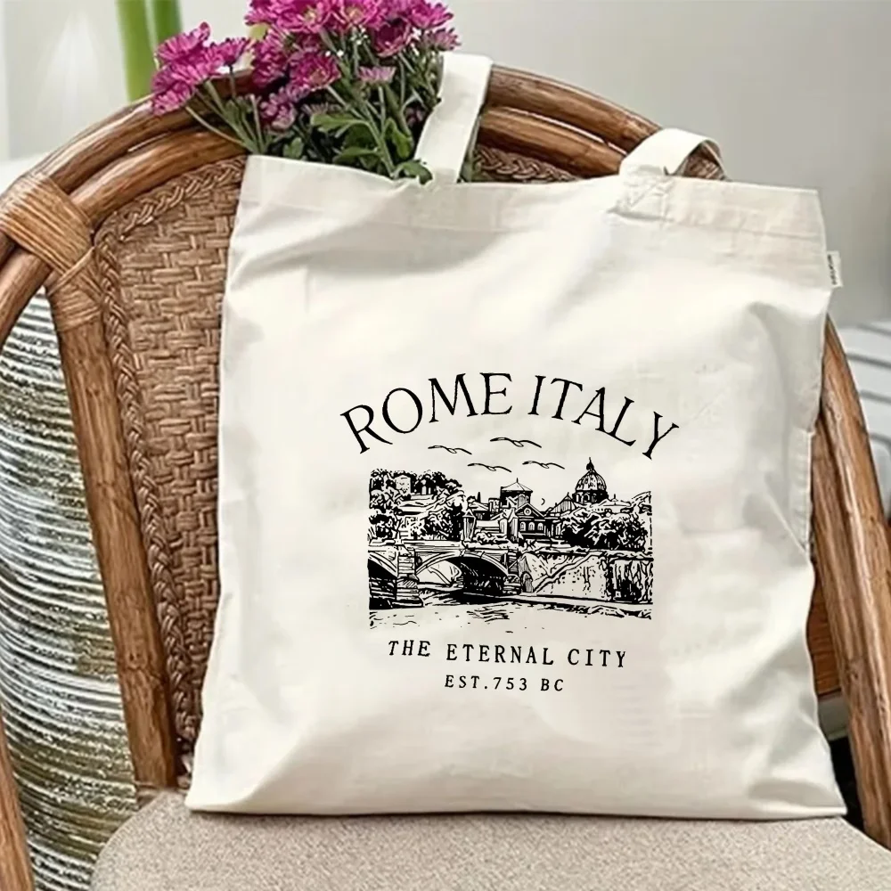 1 Roman Italian Eternal City Bridge Skyline Pattern Canvas Tote Bag, Suitable for Women, Shopping Bag, Campus Library Tote Bag, Ideal as a Christmas or Birthday Gift, for Student Campus Use