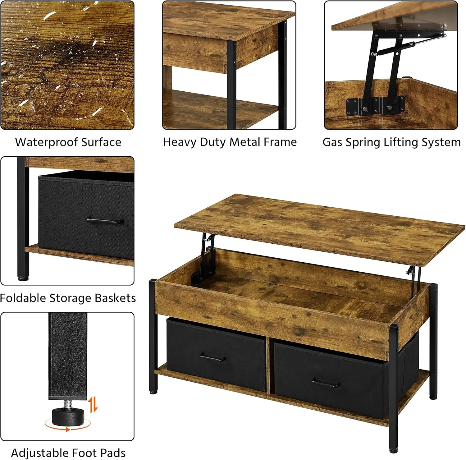 Topeakmart Lift Top Coffee Table With Hidden Compartment, Separated Open Shelves And 2 Fabric Storage Baskets, Modern Central