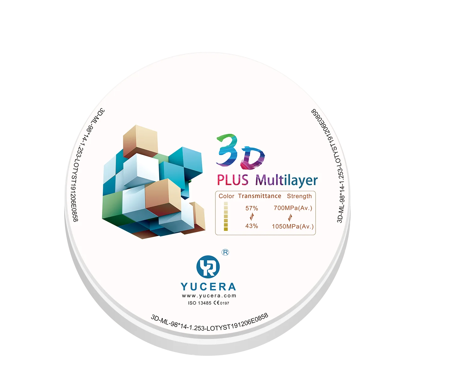 Yucera 3D Plus Multilayer 98mm A3 Zirconia Disc 43% to 57% Gradient Pre Shaded Dental Zirconia Block For Dental Lab And Clinic