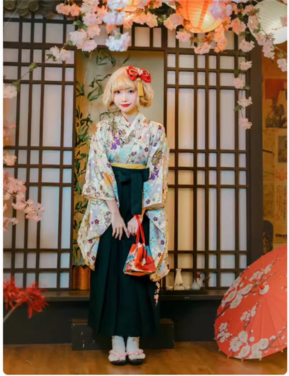 

Japanese traditional formal attire embroidered with cherry blossoms, graduation kimono