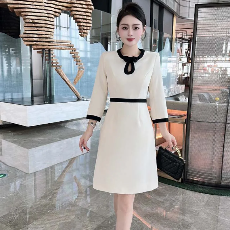 

ZJYT Runway Designer Women's Autumn Dress Elegant 2024 New Color Block White Black Brief Casual Dresses Office Lady Vestidos