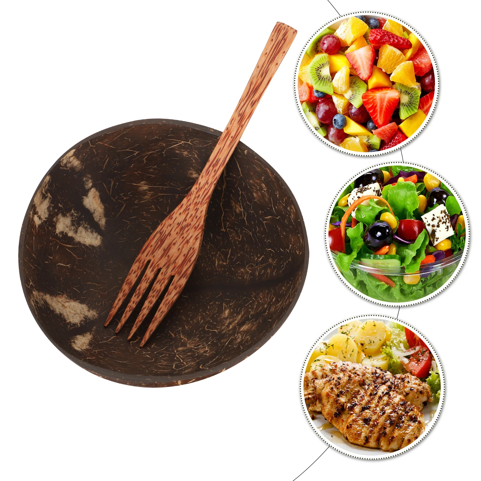 

Coconut Bowl Set Salad Fruit Wood Snack Storage Lightweight Eco Friendly Healthy Design Serving Bowls Camping Tableware
