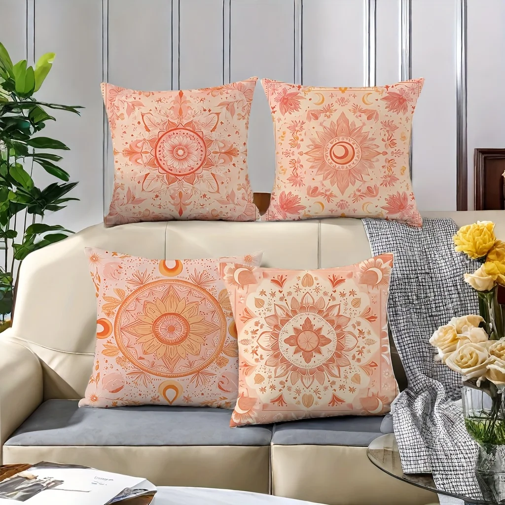 

4 шт. розовых однотонных пледов с богемным мандаловым принтом, короткий ворс, подходят для гостиных, спален, диванов (без наполнителей для подушек)