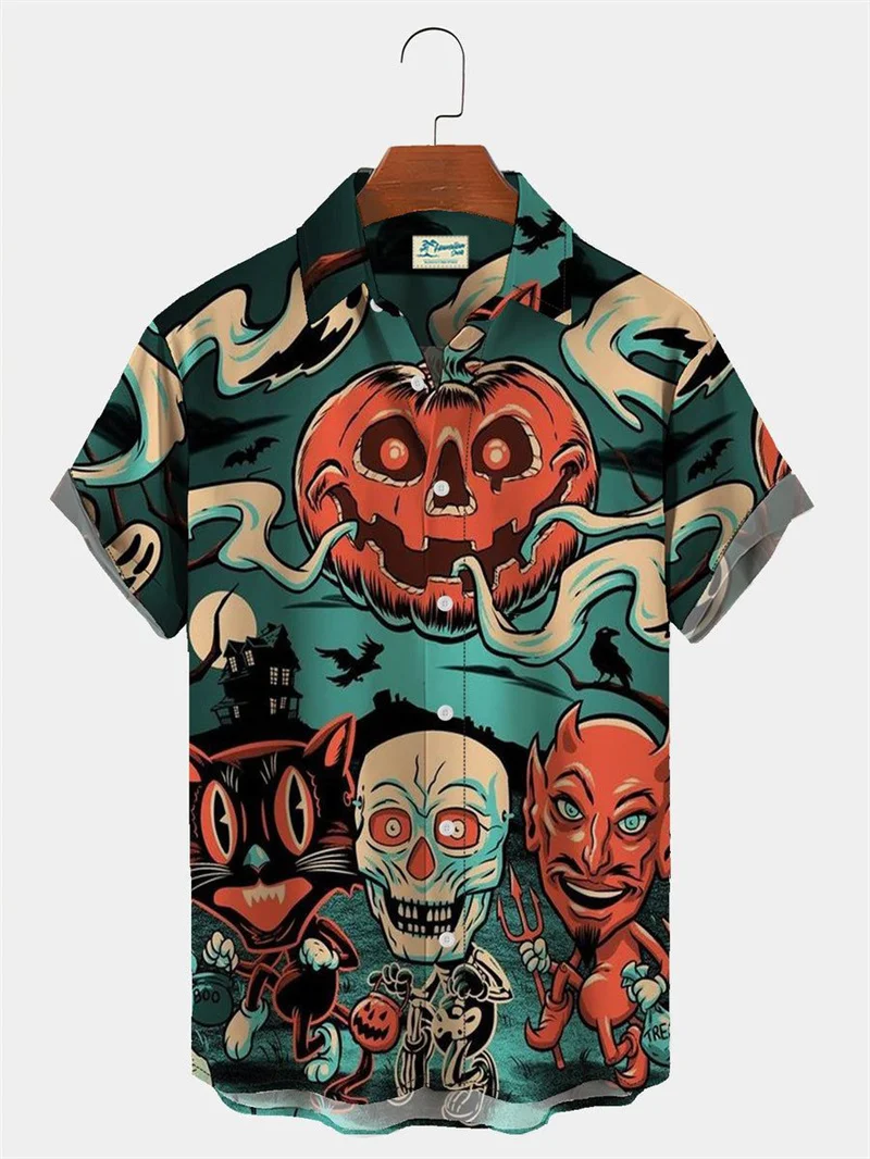 Men's Fashion Halloween Shirt Summer Cute Style Men's Clothing Party Holiday Men Top Pumpkin Head Print Boys Girs Short Sleeve