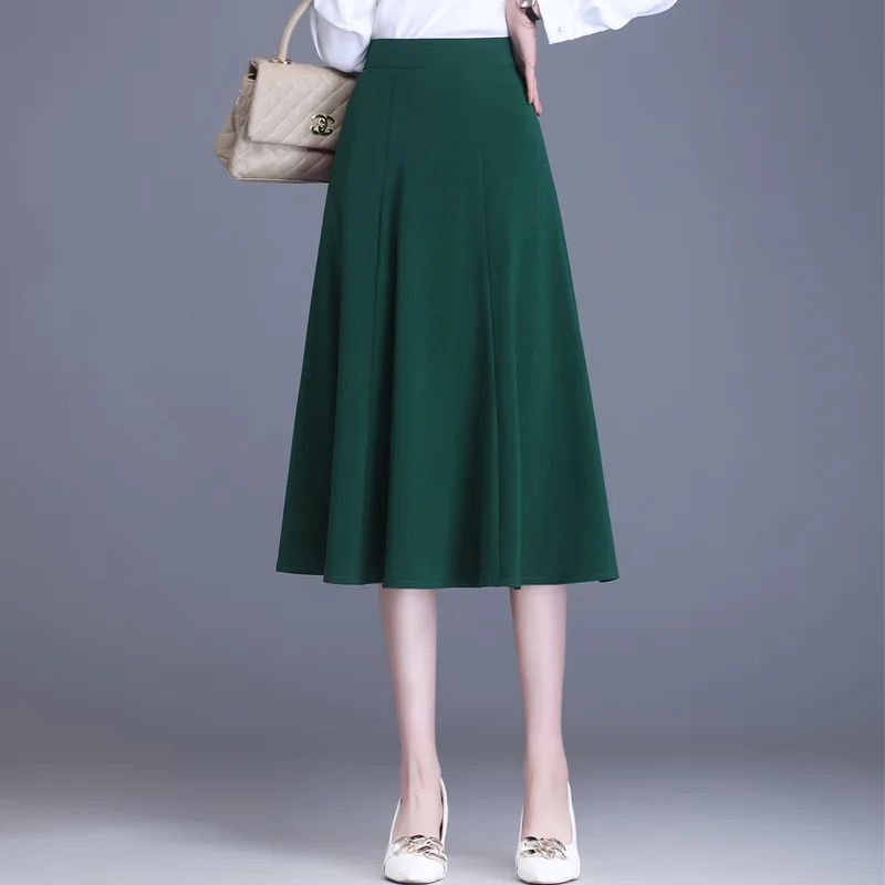 

Women Fashion High Waist Simple A-line Black Green Long Skirt Spring Autumn Office Lady Elegant Slim Casual Work Skirts 4XL 8839