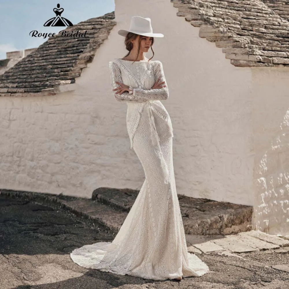 Roycebridal Long Sleeves Boho Mermaid Wedding Dress 2026 Stylish Deep V-Back Lace Brides Gown Vestidos De Novia Customized