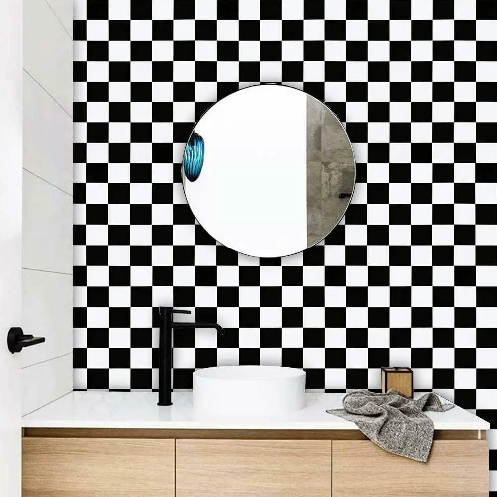 Impermeável auto-adesivo preto e branco Checkered Wallpaper, PVC Wall Stickers, porta do armário, banheiro, desktop