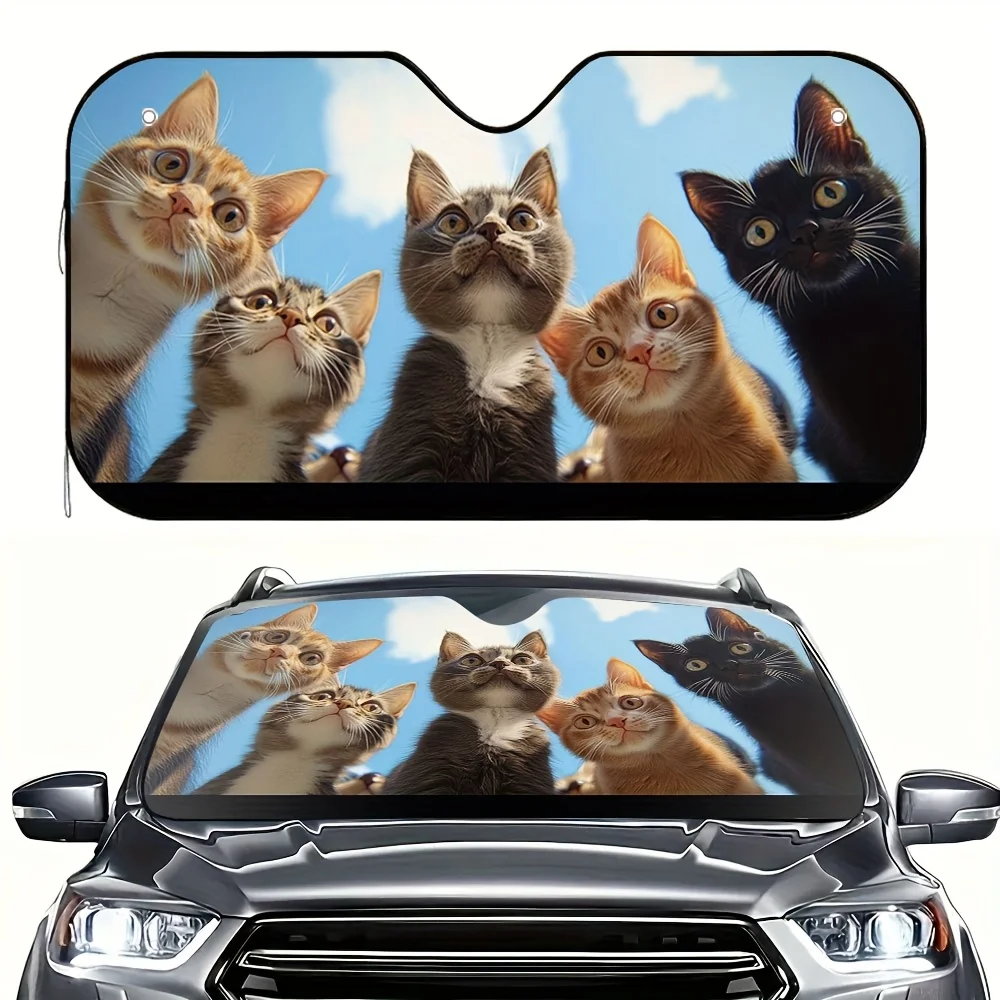 

1pc Cat Gathering Sky Print Car Sunshade - Stylish Cat Design Keeps Your Car Cool, Easy Installation With 4 Suction Cups, Foldab