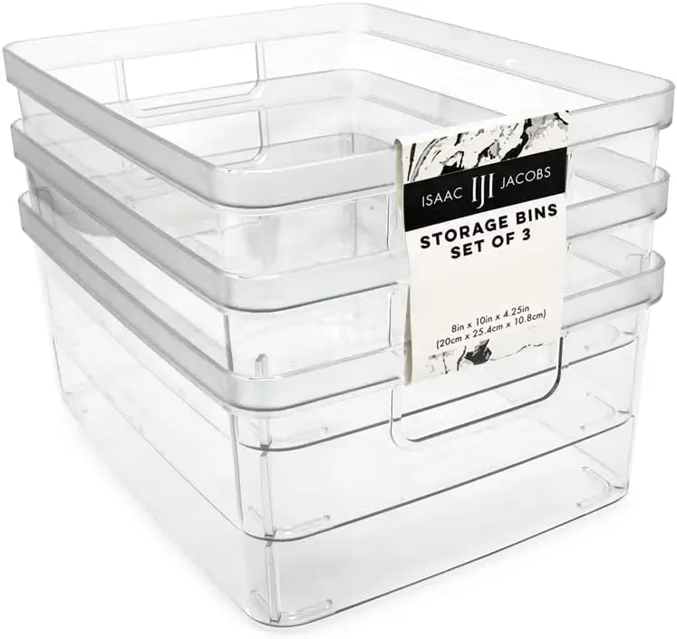 Set of Three Medium Clear Stackable Plastic Storage Bins with Handles for Home Office Kitchen Bathroom Safe Food Grade