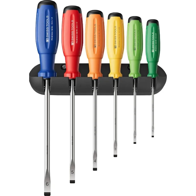 PB Swiss Tools 6PCS RainBow Slotted Screwdriver Set SwissGrip Evo with Wall Mount Holder PB 38240.H RB