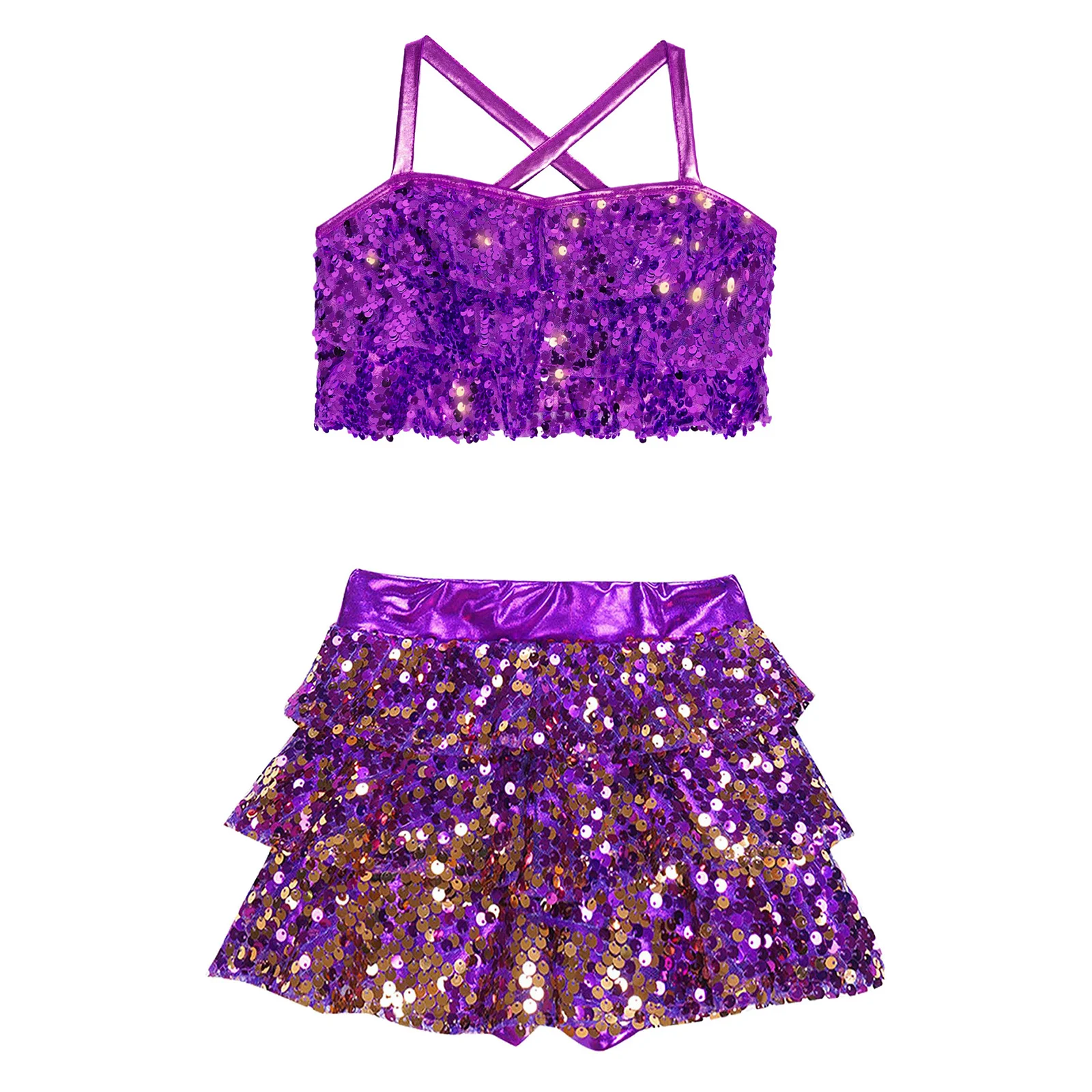 Conjuntos de baile de Jazz con lentejuelas brillantes para niñas, trajes de baile latino de Ballet para adolescentes, Top corto metálico con pantalones cortos con falda, 2 uds.