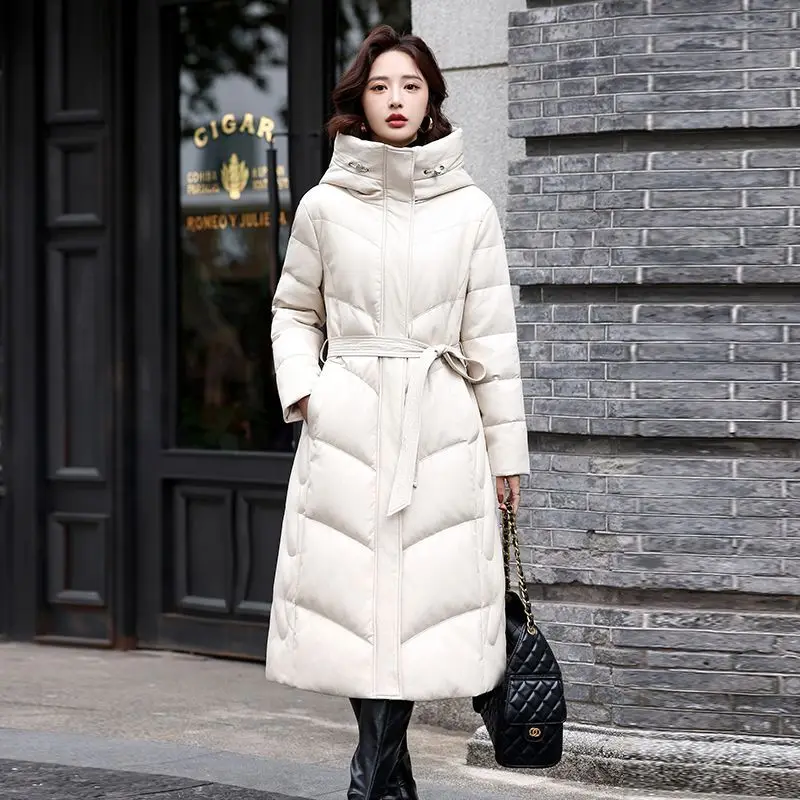 Hooded leather down cotton jacket women medium to long winter new oversized thick solid color casual versatile leather coat