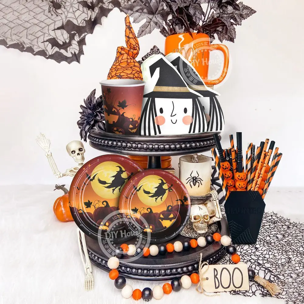 1SET Halloween Disposable Tableware Pumpkin Ghost Witch Printed Paper Plates Straws for Halloween Home Party Table Decorations