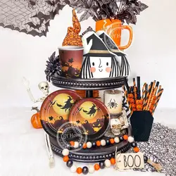 1SET Halloween Disposable Tableware Pumpkin Ghost Witch Printed Paper Plates Straws for Halloween Home Party Table Decorations