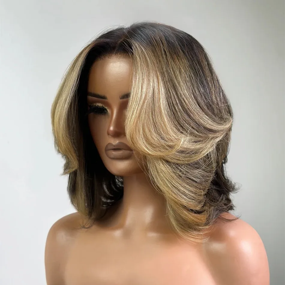 Bob Wig Human Hair Honey Blonde Highlights Layered Wig With Face-Framing Bangs Short 5X5 Hd Lace Closure Wigs For Women 12 Inch view 3