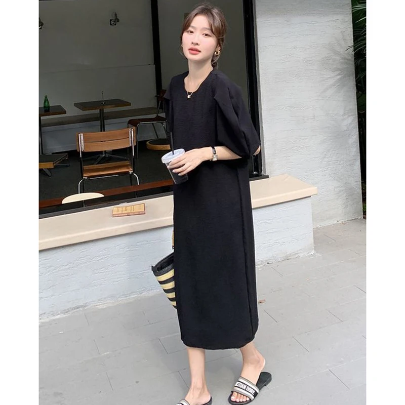 Fashion O-Neck Loose Solid Color Puff Sleeve Casual Dress Female Clothing 2024 Summer New Oversized All-match Princess Dress