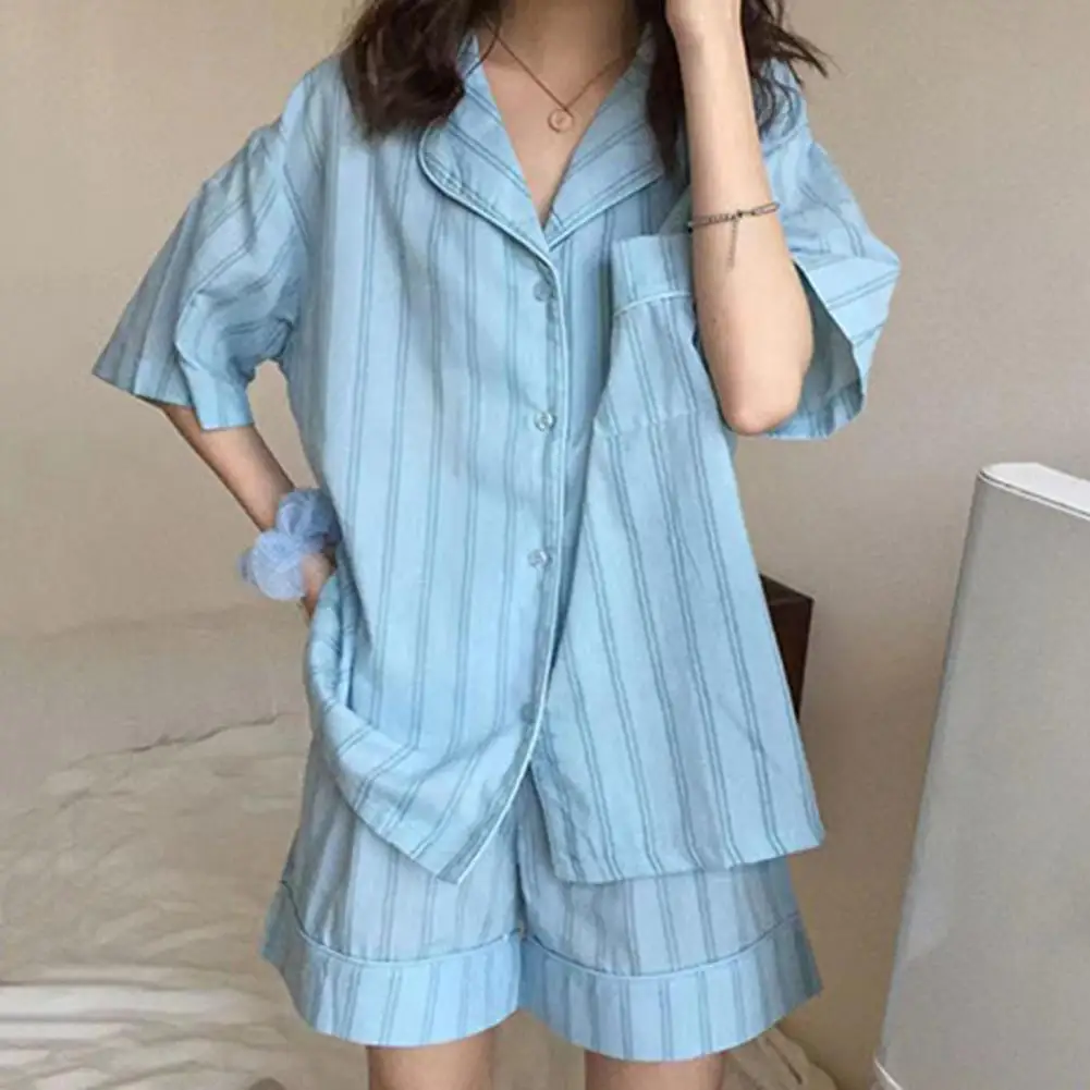 2 Pcs/Set Women Pajamas Set Korean Style Striped Sleeping Short Sleeves Cartoon Cow Print Lady Night Clothes Women Clothes