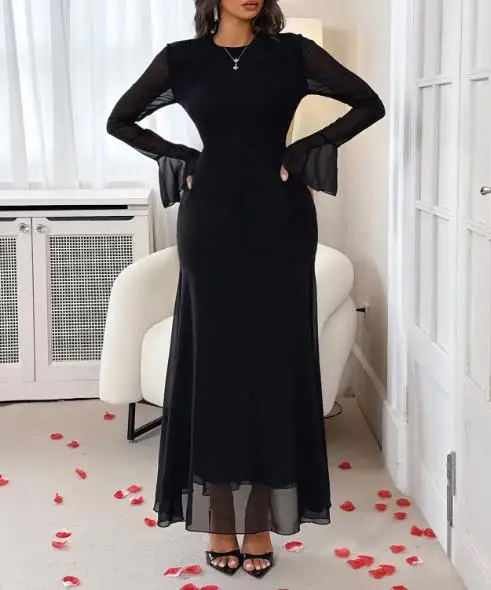 

Womens Dresses 2025 Autumn/winter Elegant Wind Horn Long Sleeve Hip Wrapping Long Skirt Dress Simple Commuting Elegant Dress