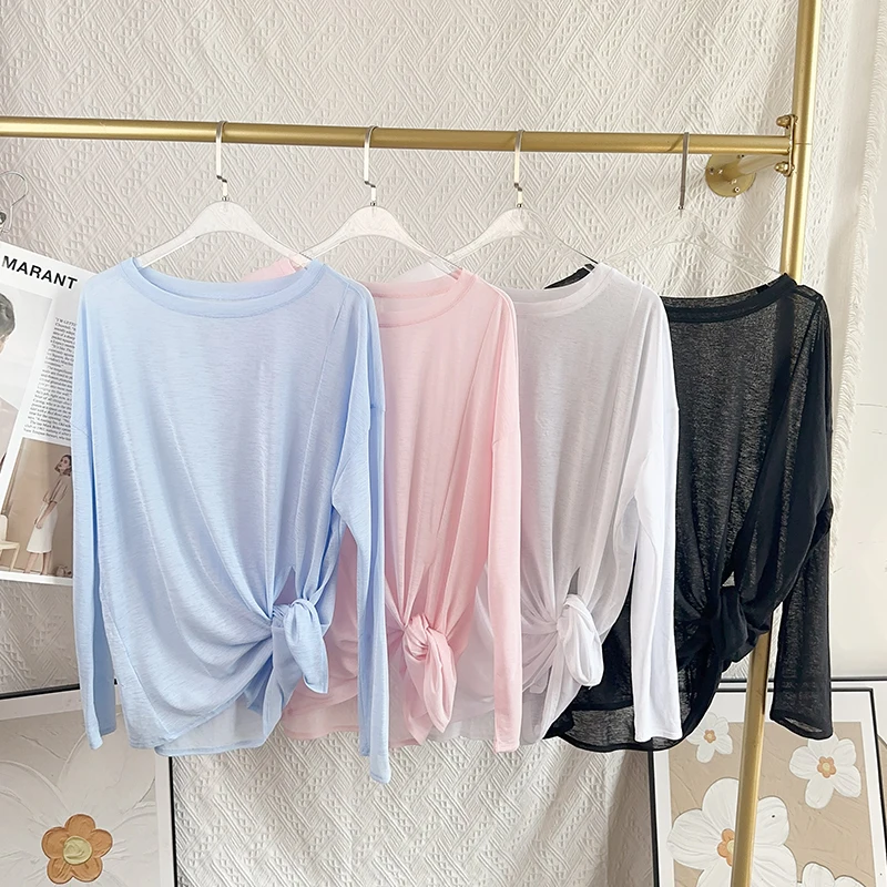 Damen Fitness-Sport-T-Shirt, locker, langärmelig, atmungsaktiv, bequem, seitliche Öffnung, Design, Laufen, Fitness, Freizeit, Outdoor, Yoga