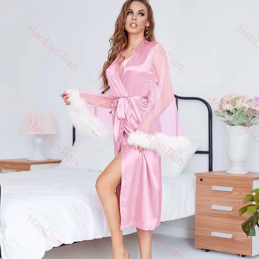 Jubah Satin Wanita dengan Bulu Potong Halus Kimono Bulu Potong Manset Jubah Mandi Panjang dengan Dasi