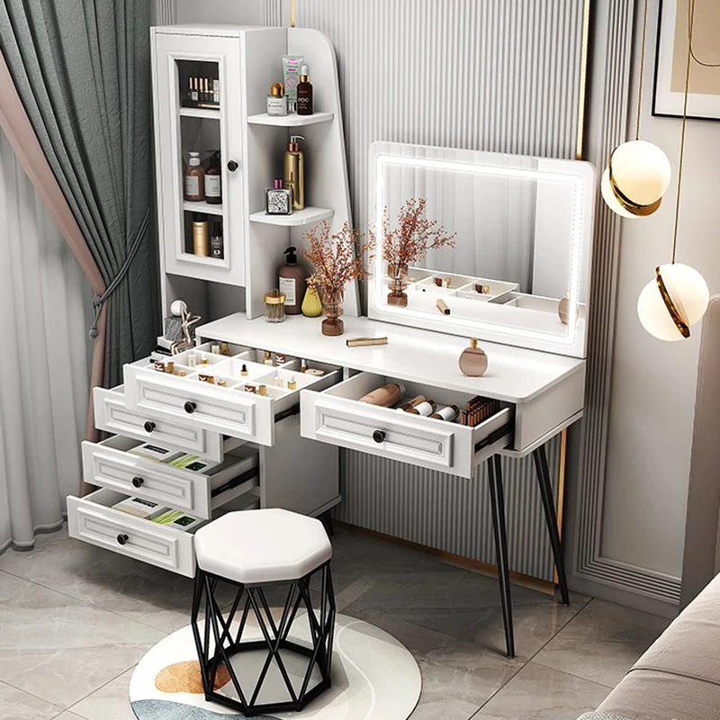 Premium Classic Vanity Table Nordic Trendy Mid Century Aesthetic Vanity Table Drawer Set With Chair Meuble Coiffeuse Furniture