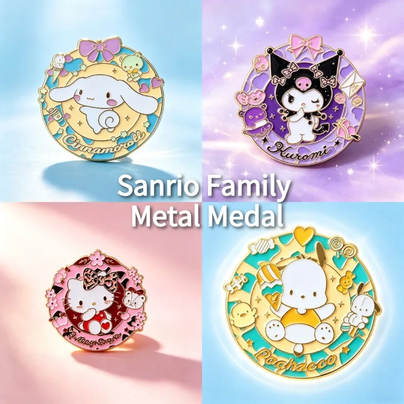 Broche de Esmalte Sanrio Hello Kitty Kuromi Pochacco Cinnamoroll, Insignia Metálica con Diseño de Corona de Flores, Medalla Decorativa para Ropa y Mochilas