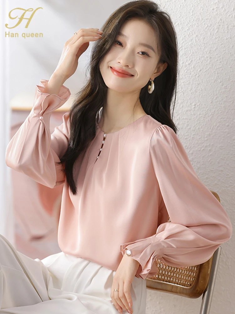 H Han Queen Spring Autumn Elegant Female Blouses Simple Office Lady Blouse Long Sleeve Tops Casual Korean OL Loose Blouses Women