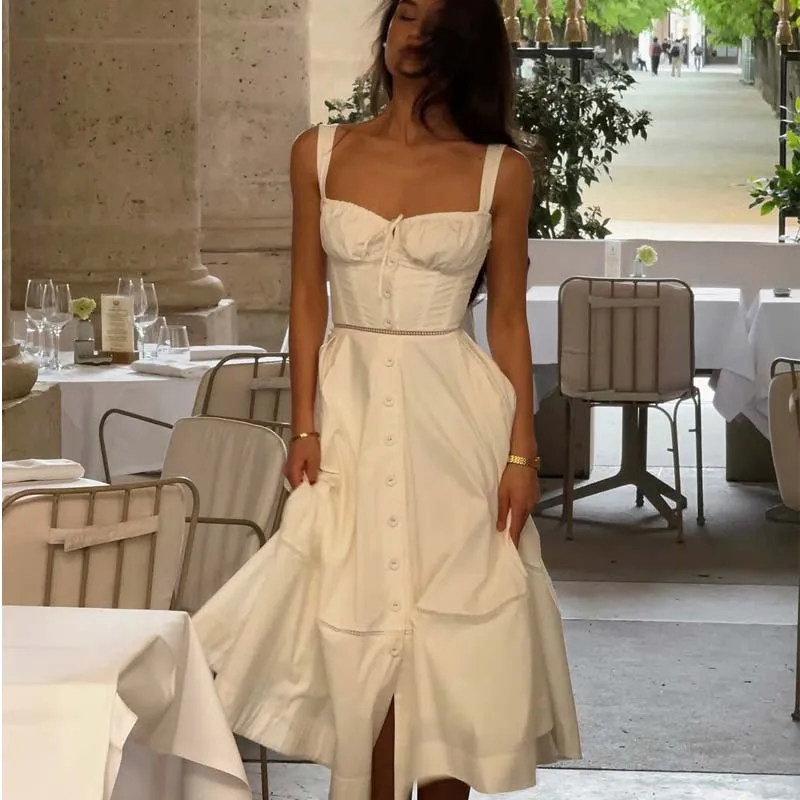 

YENKYE Sexy Lace Up Bandage Back Elegant White Sling Dress Women Front Button A-line Cotton Corset Style Summer Dress Midi Robe