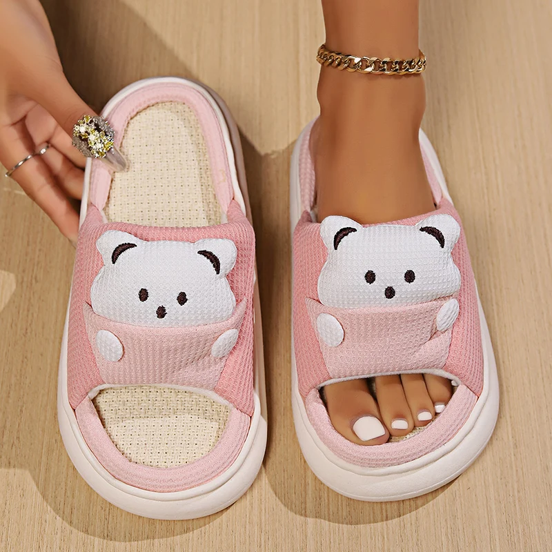 Cartoon Bear Hemp Slippers Women Autumn Winter Soft Sole Cotton Slippers Women Comfort Flat Heel Non-Slip House Shoes Slides