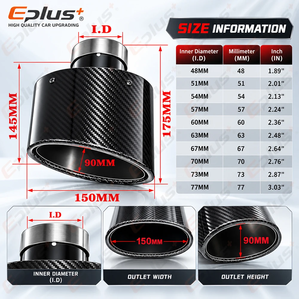 Glossy Oval Carbon Fiber Universal Car Exhaust Muffler Tip Exhaust Pipe Nozzle Decoration Stainless Silver&Black Left and Right