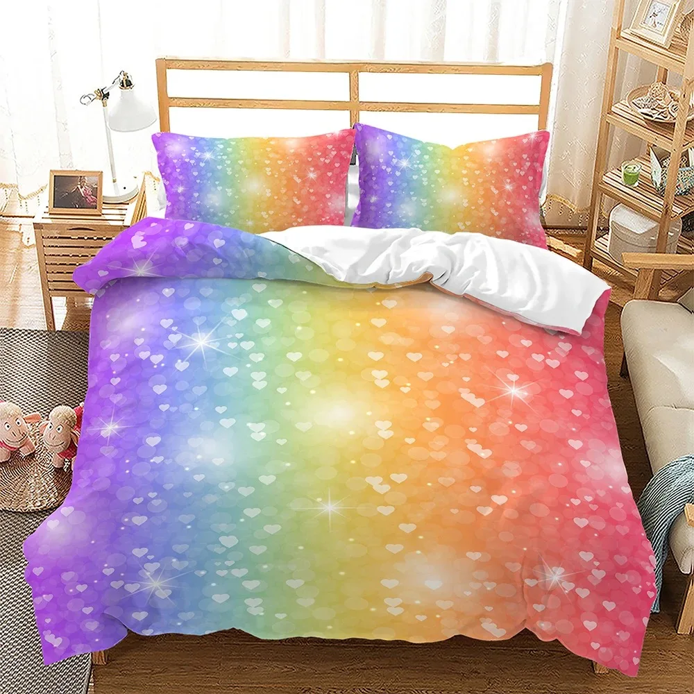 Rainbow Color Bedding Set Sparkling Stars Pillowcases For Adult Kids Single Double Full Queen King Gradient Colors Duvet Cover