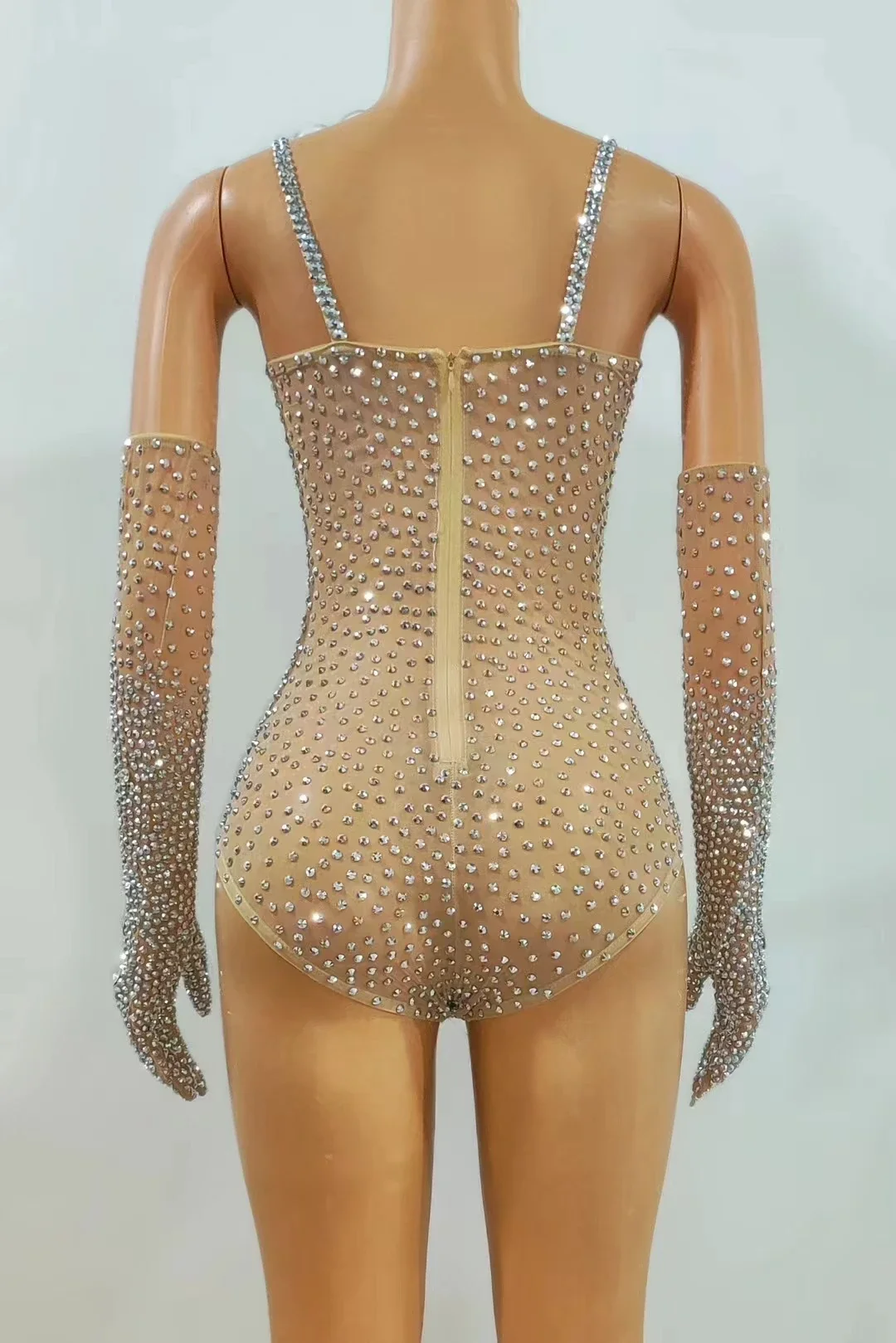 Silver Crystal Gloves Bodysuit Women Singer Concert Rhinestones Mesh Dance Outfit Sexy Stage Wear Party Rave Performance Costume
