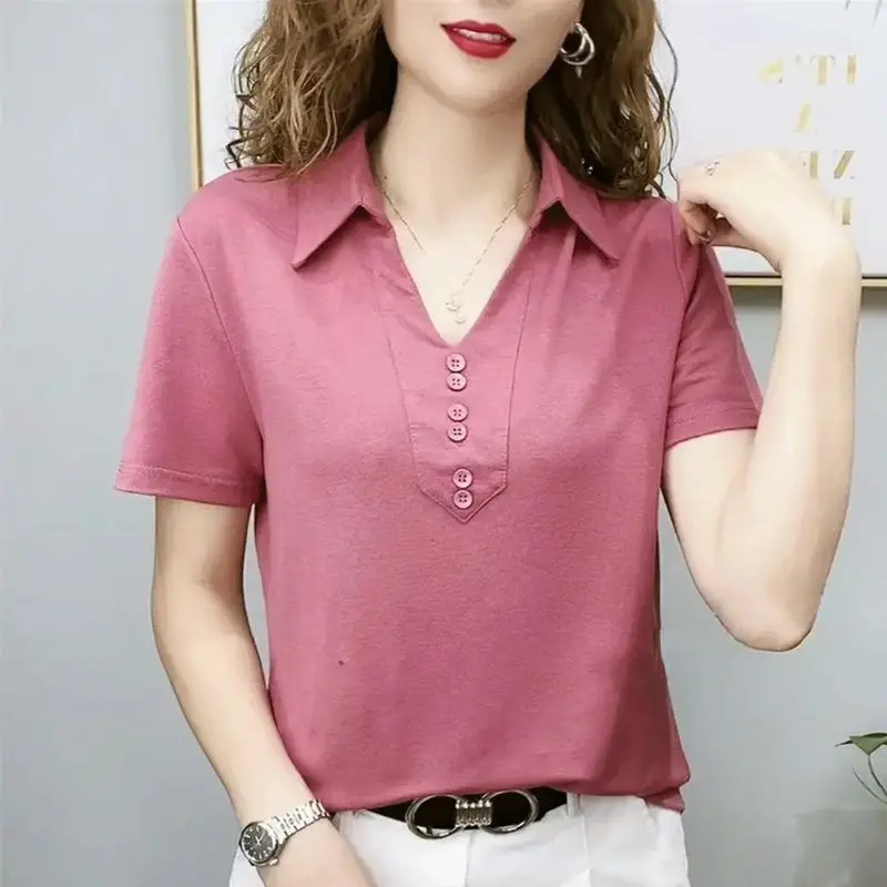 Women\'s Clothing Summer Korean Style Cotton Polo Collar Tees All Match T-shirts Solid Color Short Sleeve Casual Office Lady Tops