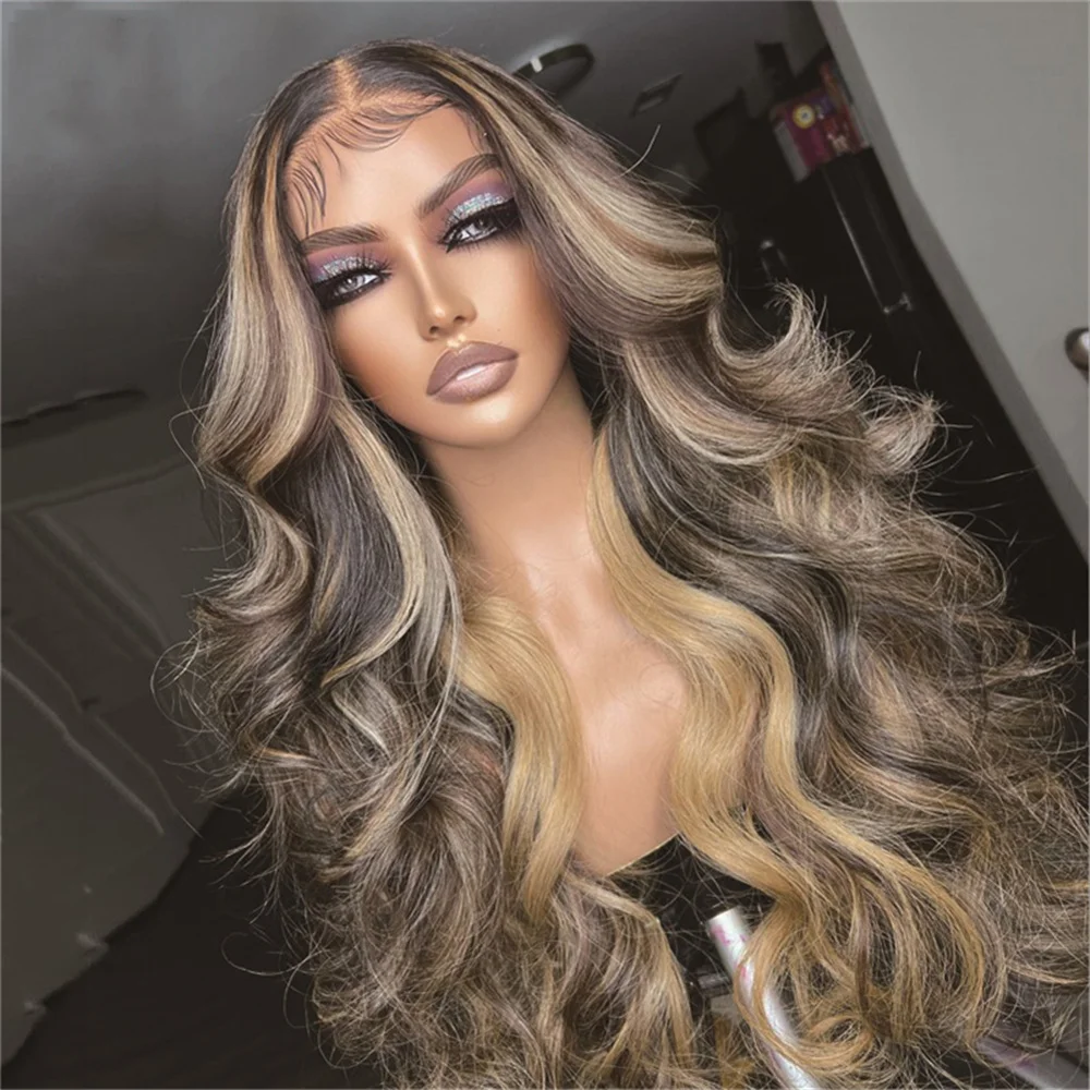 

Ombre Highlight Blonde Lace Front Wigs for Women Body Wave Balayage Heat Resistant Synthetic Wig with Dark Roots Long Wavy Wigs