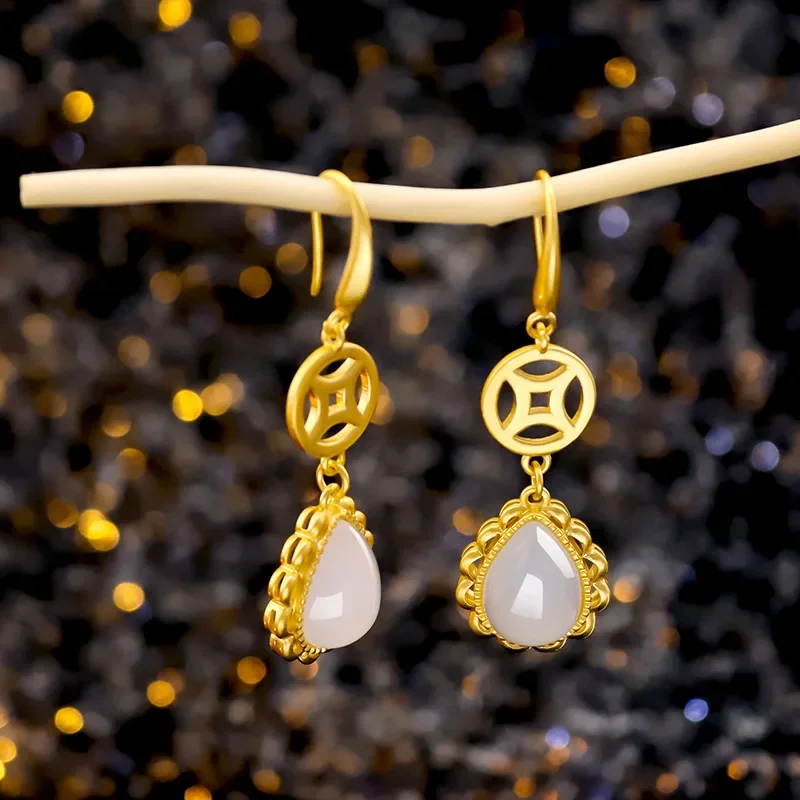 

9999 Real Gold 24K Antique Earrings, Chinese Style Fuqian Water Drop Earrings, Jade Water Drop Earrings, Female